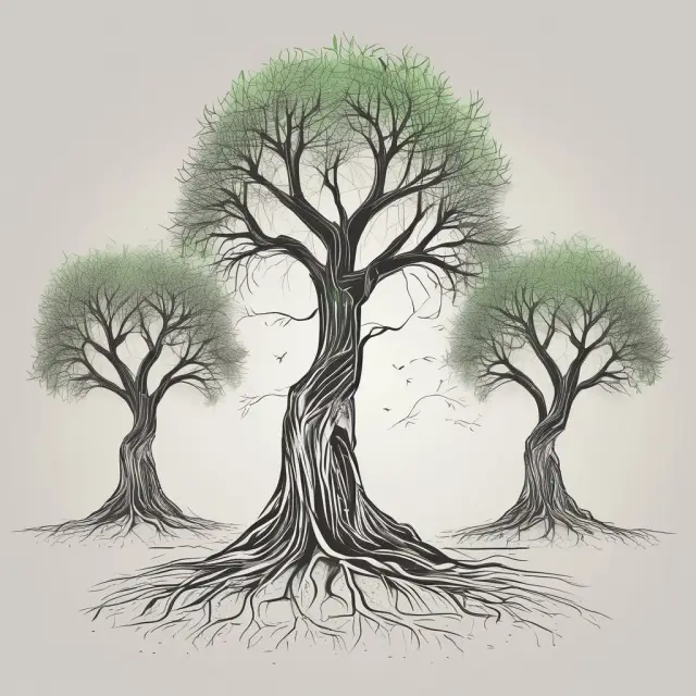 Visualization of three business structures, S Corps, C Corps, and LLCs, compared as trees with unique features: growth patterns, branches, and leaves.
