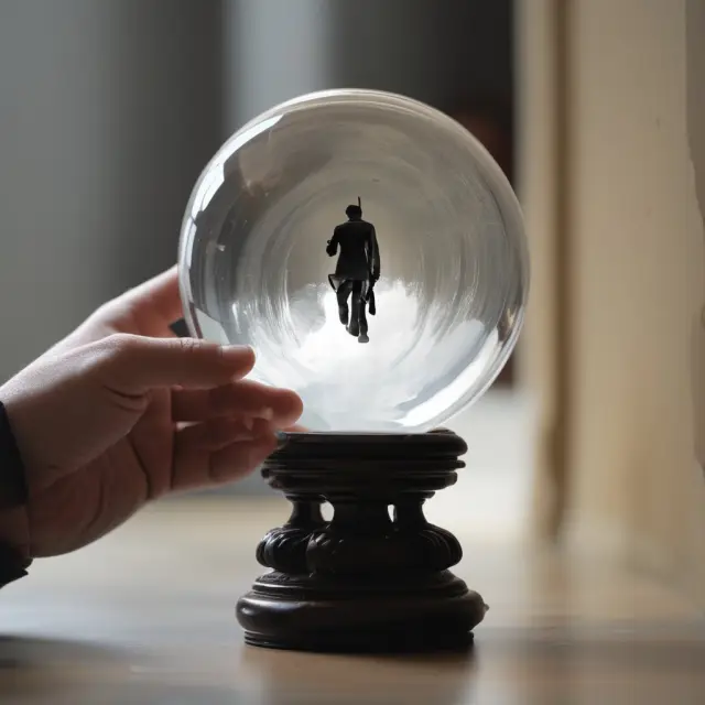 A crystal ball with personal beliefs in the form of glowing shadows influencing the perception of subjective investment probabilities