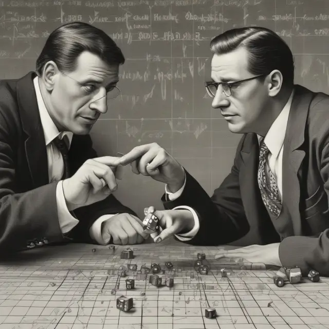 Two traders rolling dice to symbolize their personal judgments and beliefs influencing financial decisions