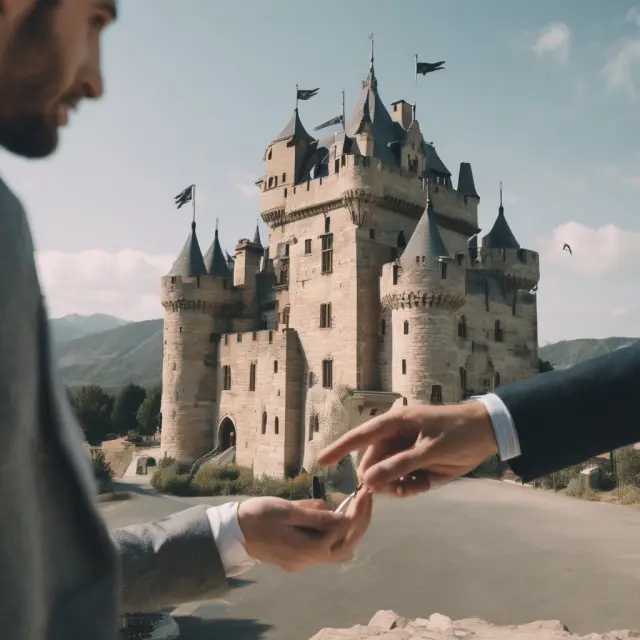 A tenant passes keys to a new subtenant in front of a grand castle, signifying the transfer of lease responsibilities
