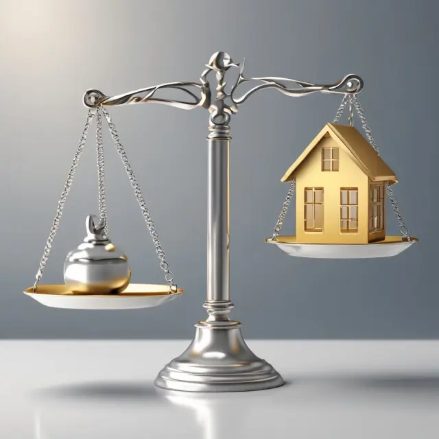 Golden mortgage on one side of a balance scale, with silver home equity line of credit on the other, representing subordination agreement.