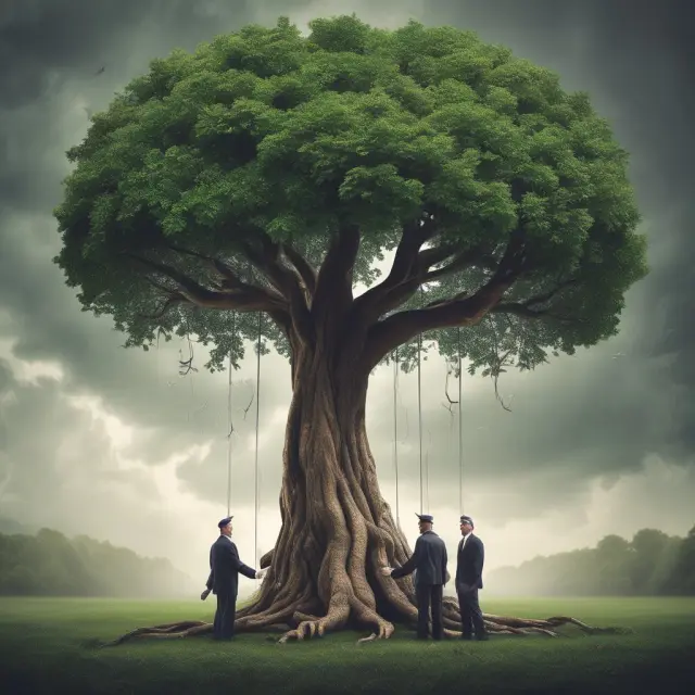 A senior creditor (tree) offers protection and priority in debt repayment to a subordinate creditor (sapling) during financial turmoil