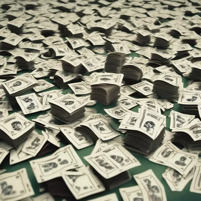 An unstable house made of cards representing the housing bubble, with subprime mortgage loans pouring in from the bottom, illustrating their role in the 2008 crisis.