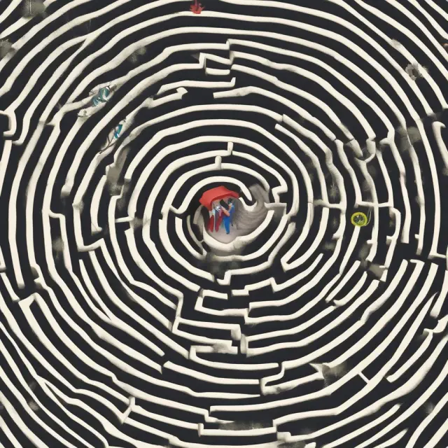 A person with uncertain financial footing wading through a maze, considering both safe (prime) and risky (subprime) mortgage loan options