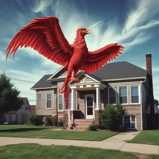 A phoenix emerging from flames, symbolizing the transformation of subprime mortgage lending post-financial crisis. Regulatory changes and improved standards.