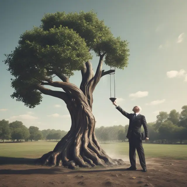 A third party waters a tree symbolizing justice, signifying insurers