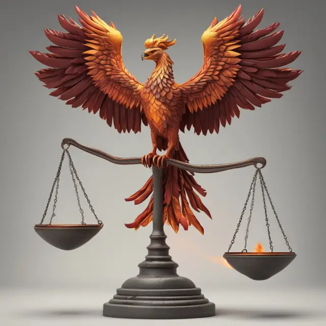 An insurance scale balanced between losses (damages) and recoveries (phoenix), reflecting the concept of subrogation in insurance claims
