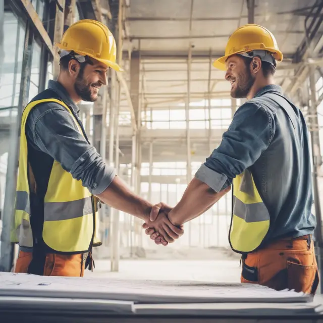 Two hardhats shaking hands over a blueprint at a construction site, representing waiver of subrogation in the industry