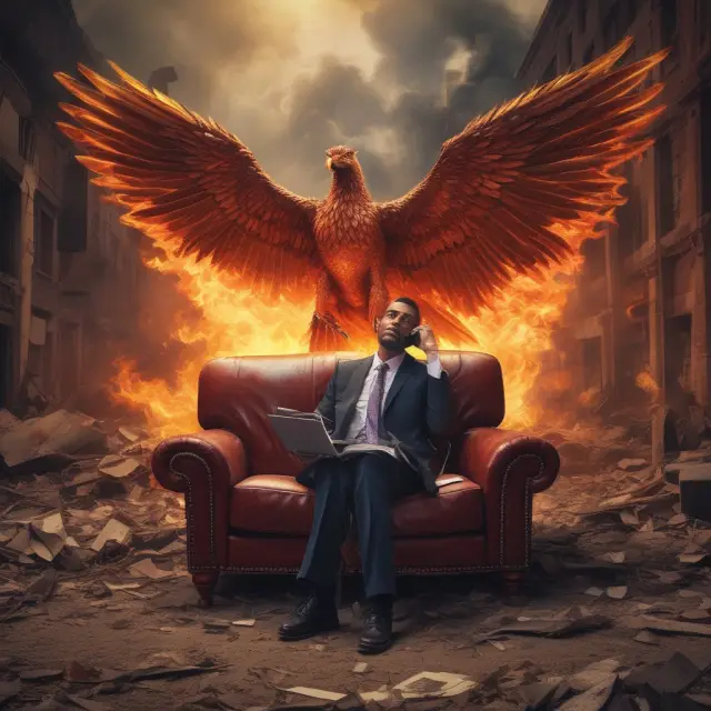An insured person relaxing while an insurance company, symbolized by a phoenix, rises from the ashes of subrogation proceedings, indicating financial recovery and savings.