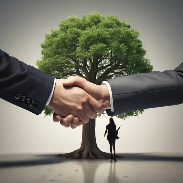 Handshake under a contract tree representing the trust and commitments within a subscription agreement