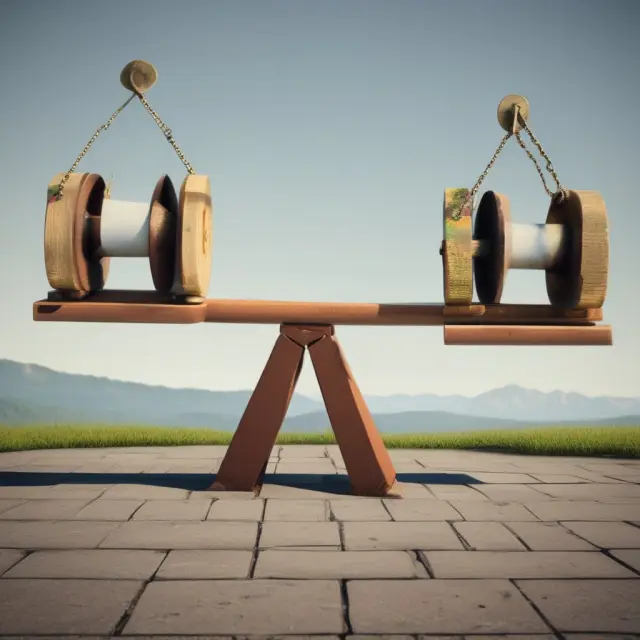An unbalanced seesaw symbolizes market distortion due to subsidies, causing one side to have more weight and disrupting the equilibrium.