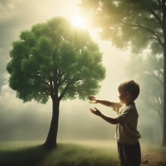 Government aiding industry growth through selective subsidies, symbolizing sunbeams, depicted as financial assistance to nurture an infant tree representing the targeted industry