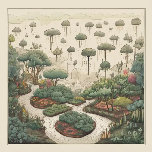 A lush garden blooming with various industries, symbolizing economic development nurtured by golden raindrops representing subsidies