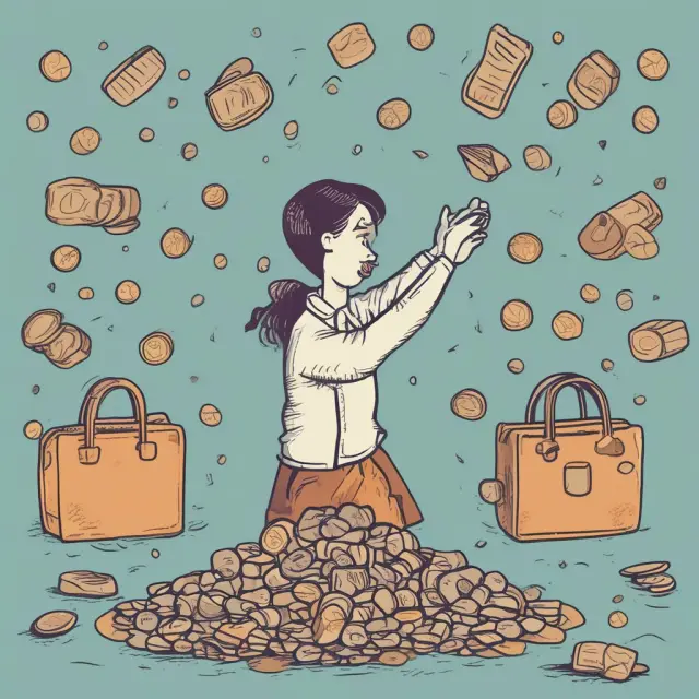 Consumer balancing their budget on a scale, surrounded by various products as they make substitutions