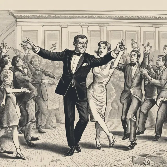 A dance floor where bond and stock markets interact, with a conductor controlling interest rates that influence their movements