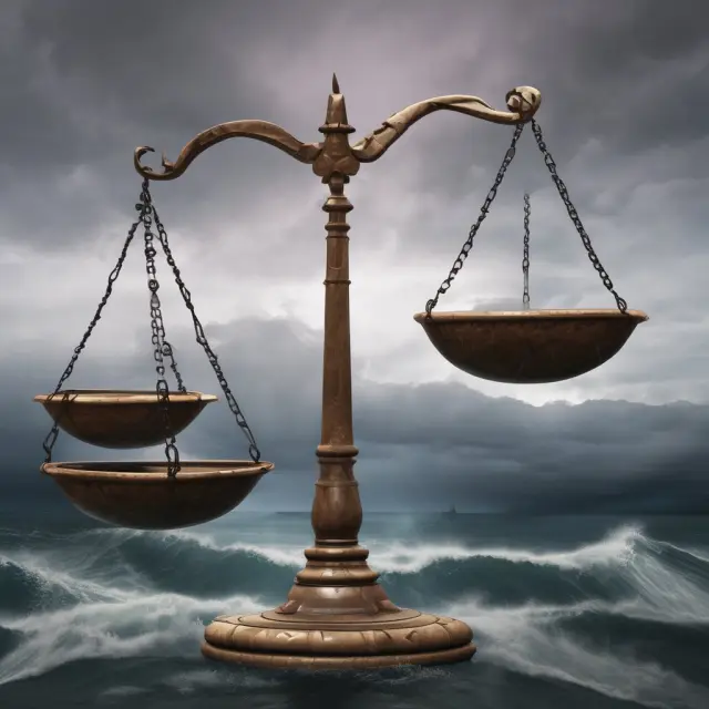 A scale on each side, one with a turbulent storm symbolizing market risk, and the other with a solid rock representing credit risk.