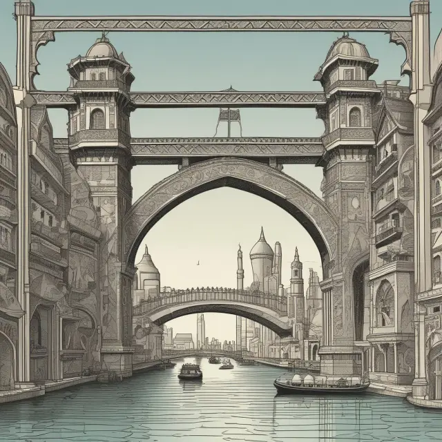 A bridge made of interconnected sukuk certificates symbolizing investments in infrastructure projects in developing countries