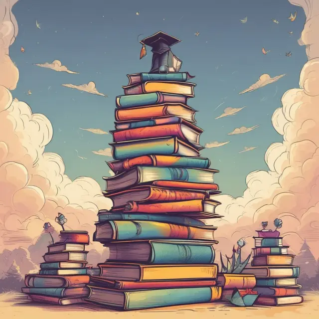 Scholar on mountain peak, books in hand, holds summa cum laude diploma