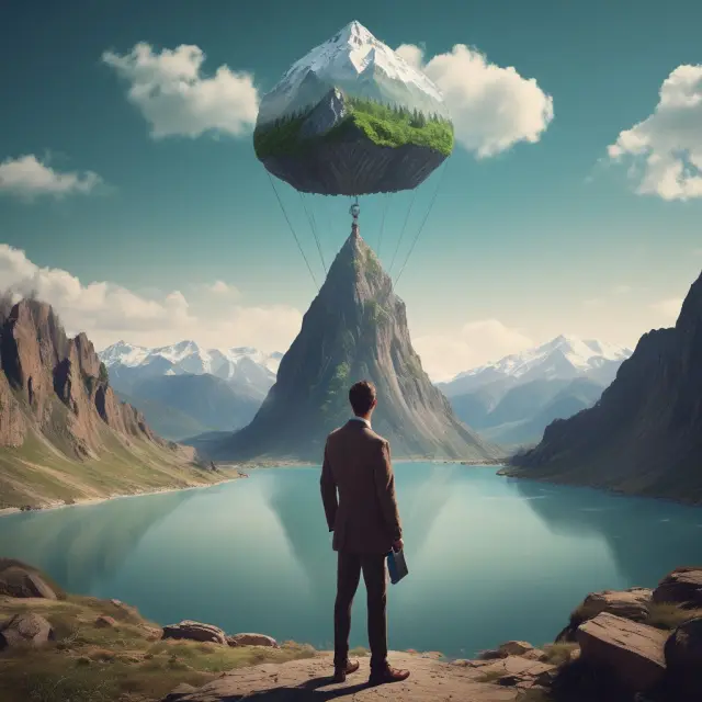 Businessman atop a hill, considering whether to stay with a mounting sunk cost or move towards a prosperous future landscape