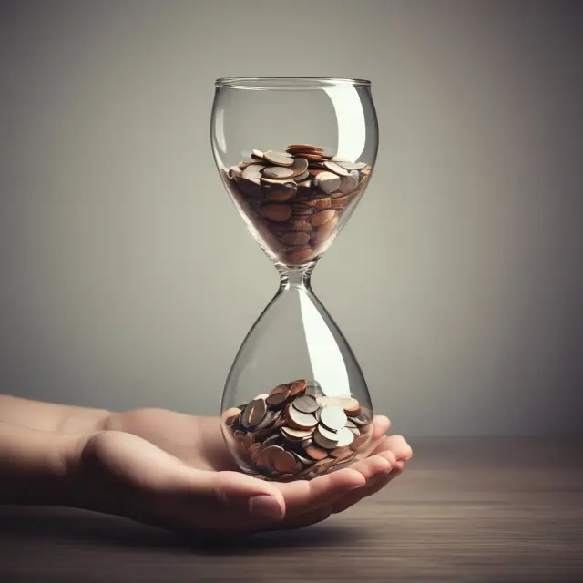 A person carefully pouring sand from one side of a sandglass to the other, while coins flow from an overflowing purse into the glass