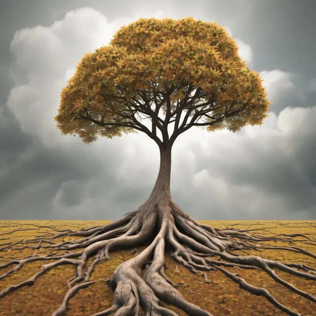 A tree letting go of past investments (leaves) to focus on new opportunities for growth and success