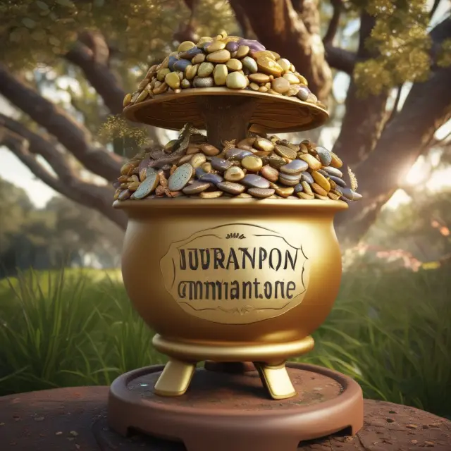 Golden superannuation pot filled with diverse seeds growing on a tree representing lower fees, simple features, and investment choices