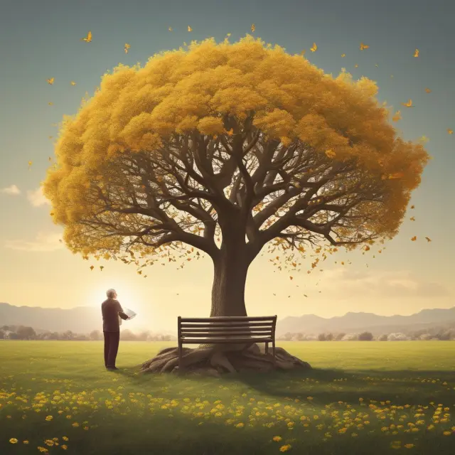 An employer as a tree, nurturing gold coins (seeds) to grow and bloom into retirement funds