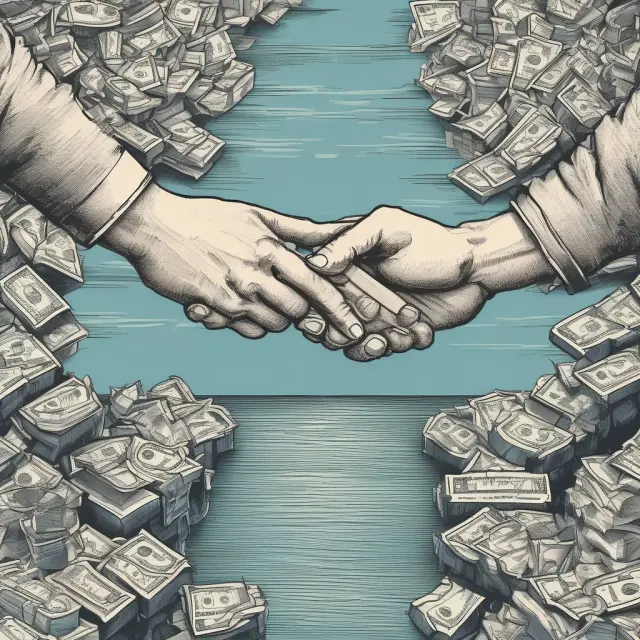 Two hands, one representing the buyer and the other the supplier, forming a bridge over a financial stream, illustrating the benefits of supply chain finance
