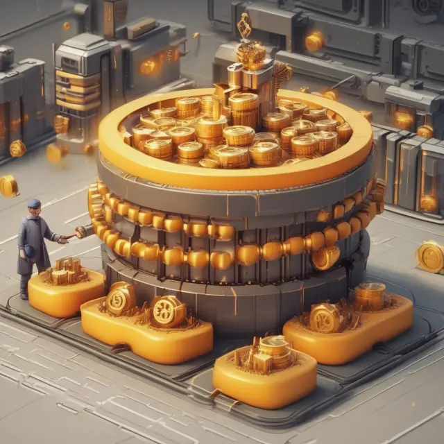 Golden coins streaming to a seller from an intricate, working factory, illustrating the financial benefits of supply chain finance