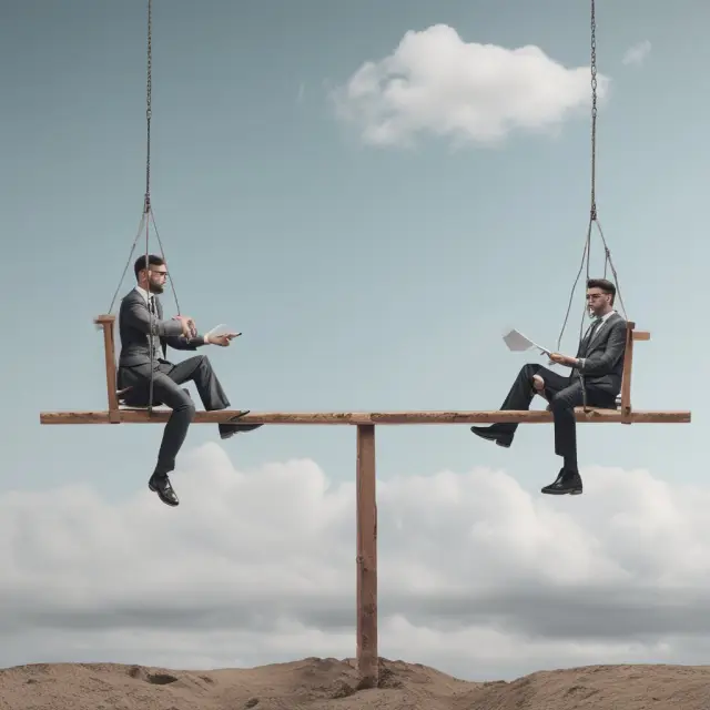 Supplier and buyer balancing on a seesaw, illustrating the challenges of compliance, legal risks, and ethical dilemmas in supply chain finance