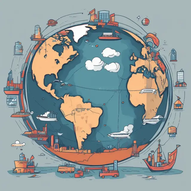 An intricately connected global supply chain in motion, with various components including producers, vendors, warehouses, transportation companies, distribution centers, and retailers