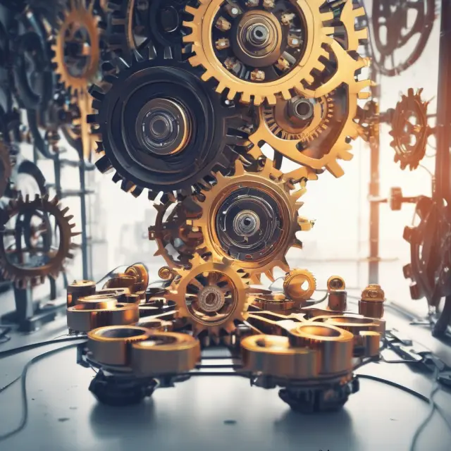A clockwork supply chain in motion, gears interconnecting as an advanced AI oversees collaboration and optimizes performance