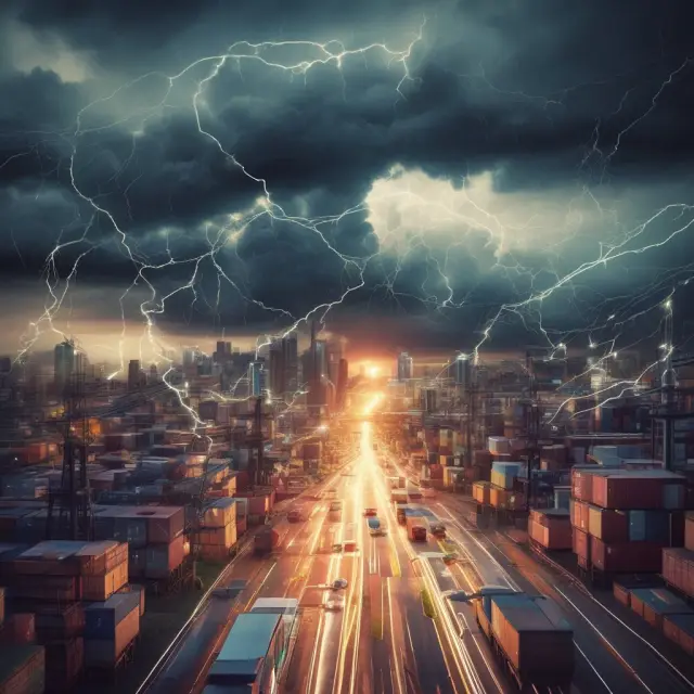 A metaphorical image of a storm disrupting a digital supply chain network, symbolizing the challenges posed by COVID-19 and the importance of digitization