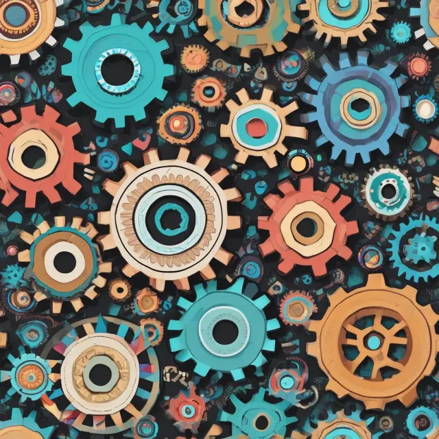 An intricate mosaic of interconnected gears symbolizing essential concepts and terms in supply chain management.