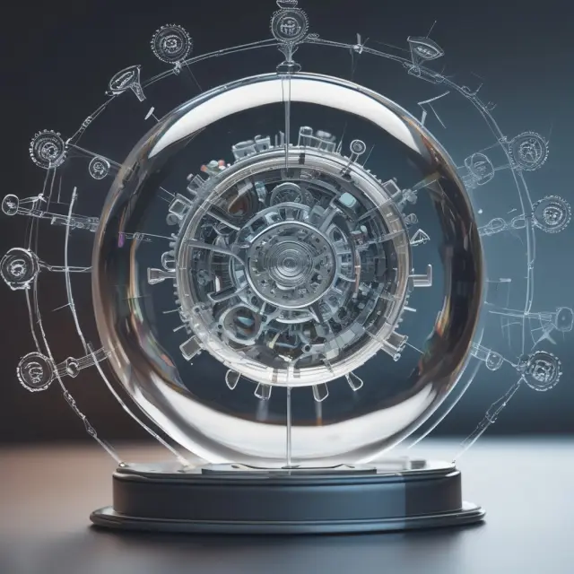 Crystal ball displaying global map with gears representing interconnected supply chains
