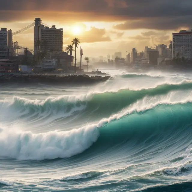 An ocean with positive and negative supply shock waves depicted as tsunamis, representing the distinct impact on prices and production