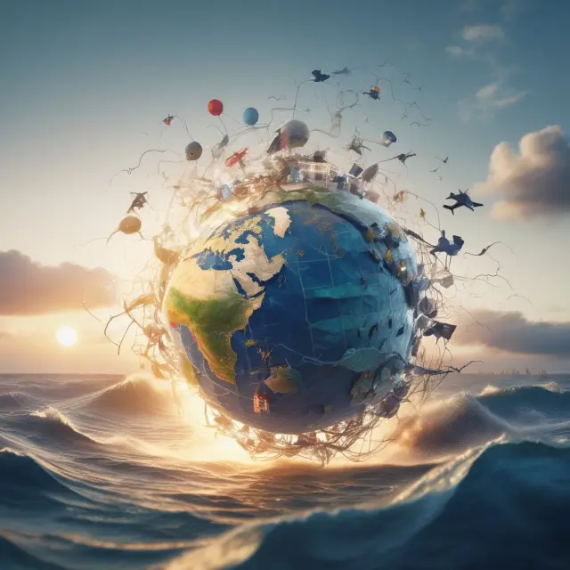 A dynamic globe illustrating various causes of supply shocks, including natural disasters, political instability, technological breakthroughs, and pandemics.