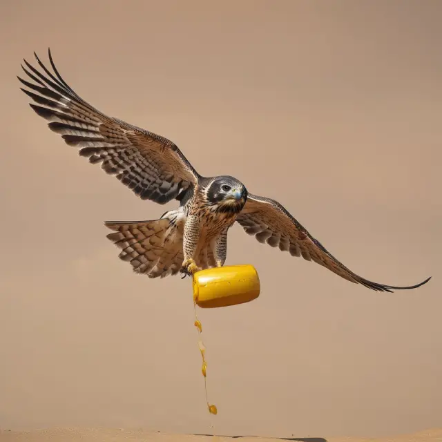 A falcon flying over Middle Eastern desert, carrying an oil barrel, symbolizing the volatile influence of supply shocks on crude oil prices.