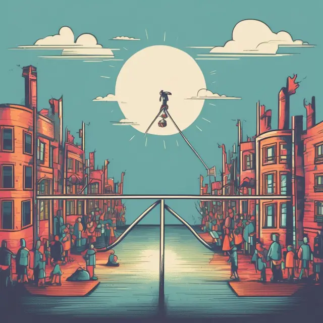 A seesaw with a factory on one end (supply) and a crowd on the other (demand), symbolizing price adjustments due to supply shocks and demand shocks