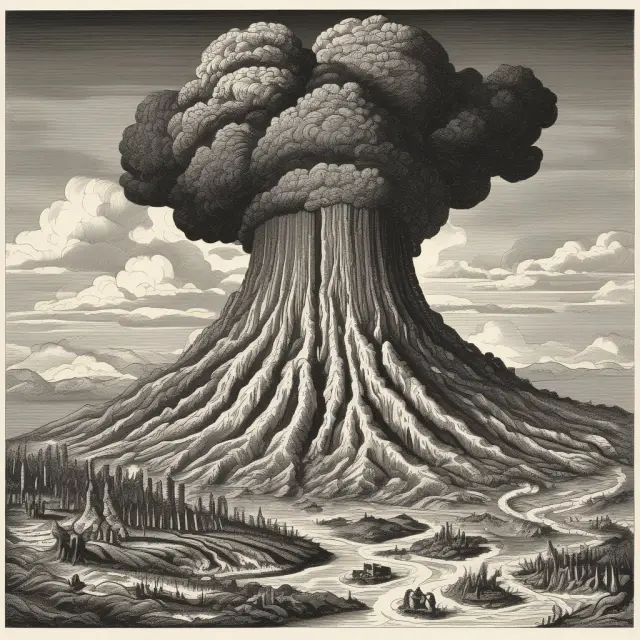 Volcanic eruption releasing crude oil and natural gas barrels representing unpredictable supply shocks