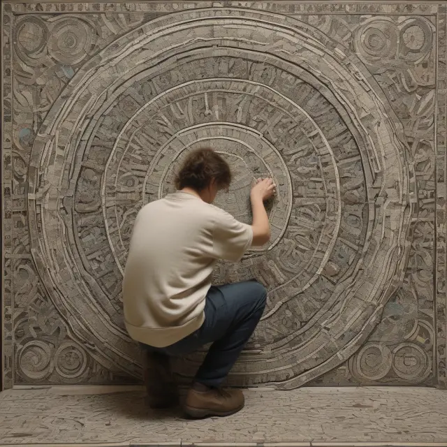 An artist examining a detailed mosaic representing various support levels, emphasizing their interconnectivity and limitations.