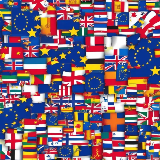 Flags from various countries intertwined to form EU symbol, signifying cooperation and shared sovereignty