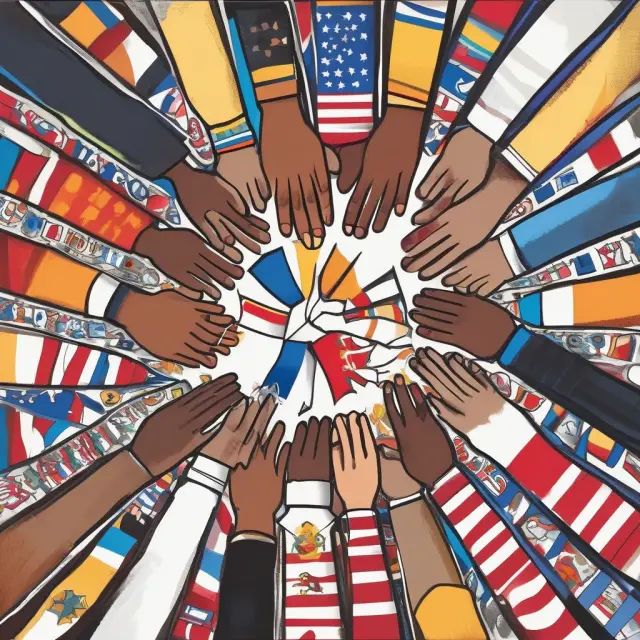 A group of hands weaving a tapestry with various flags, representing the unification and peace achieved through supranational organizations.