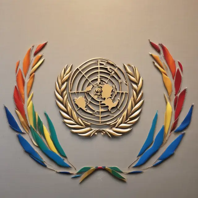 A tapestry with the UN logo symbolizing peace and diplomacy; A woven marketplace illustrating the WTO