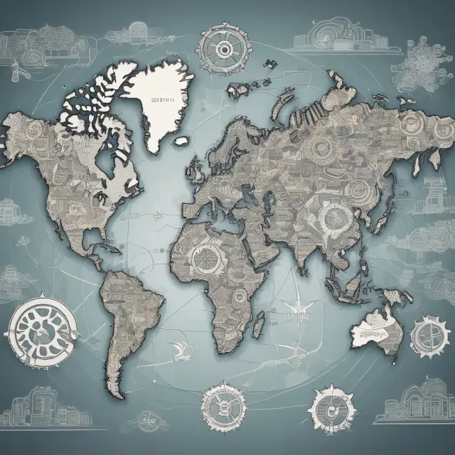 A world map with interconnected gears representing the influence of supranational organizations on economic policy, trade agreements, financial markets, and multinational corporations
