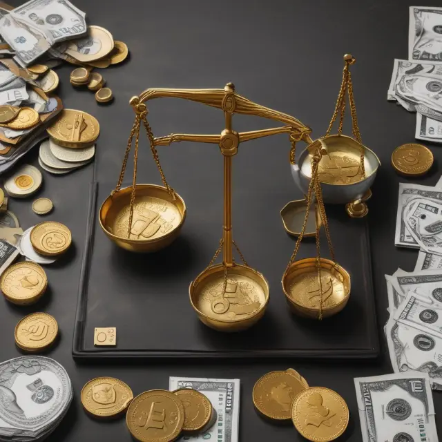 Golden scales displaying fixed fees (represented by coins) and percentage-based fees (percentage signs), with industry labels like telecom, fuel, travel, healthcare.