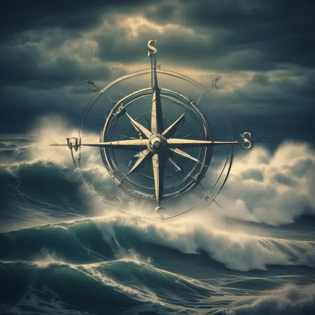 A large insurance company boat braving rough waters, symbolizing the challenges in the Surplus Lines market. The crew uses a compass to navigate through the complex regulatory landscape.
