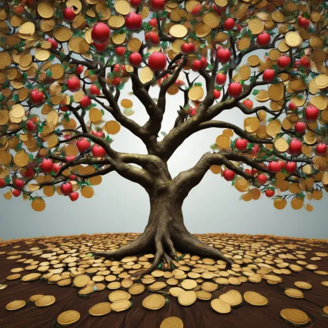 Apple tree with golden coins representing AP and AR, symbolizing efficient cash flow management for sustainable business growth.