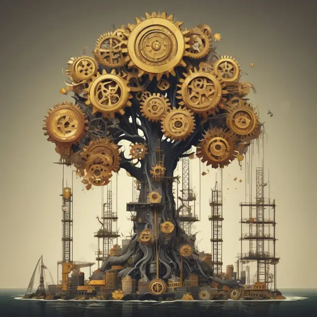 Giant gears turning in oil rigs and factories illustrate industries with high capital requirements. A tree growing from gold coins symbolizes financial nourishment through debt or equity financing.