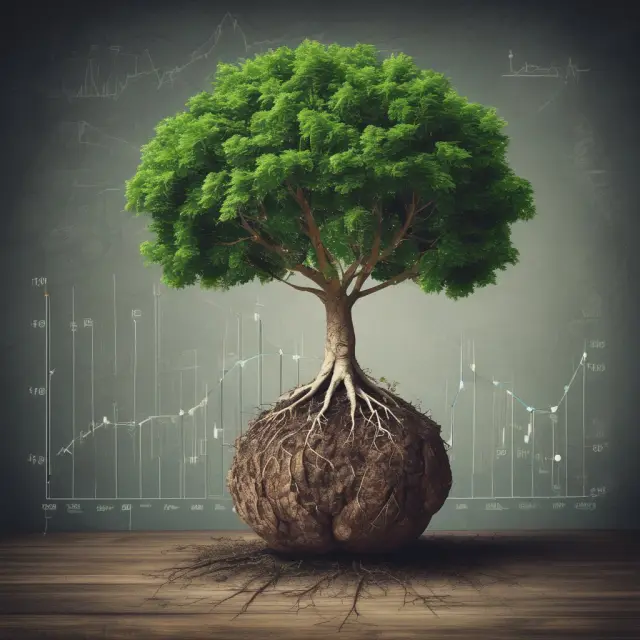 A tree with strong roots reaching into stock market graphs, representing the concept of SGR: a company